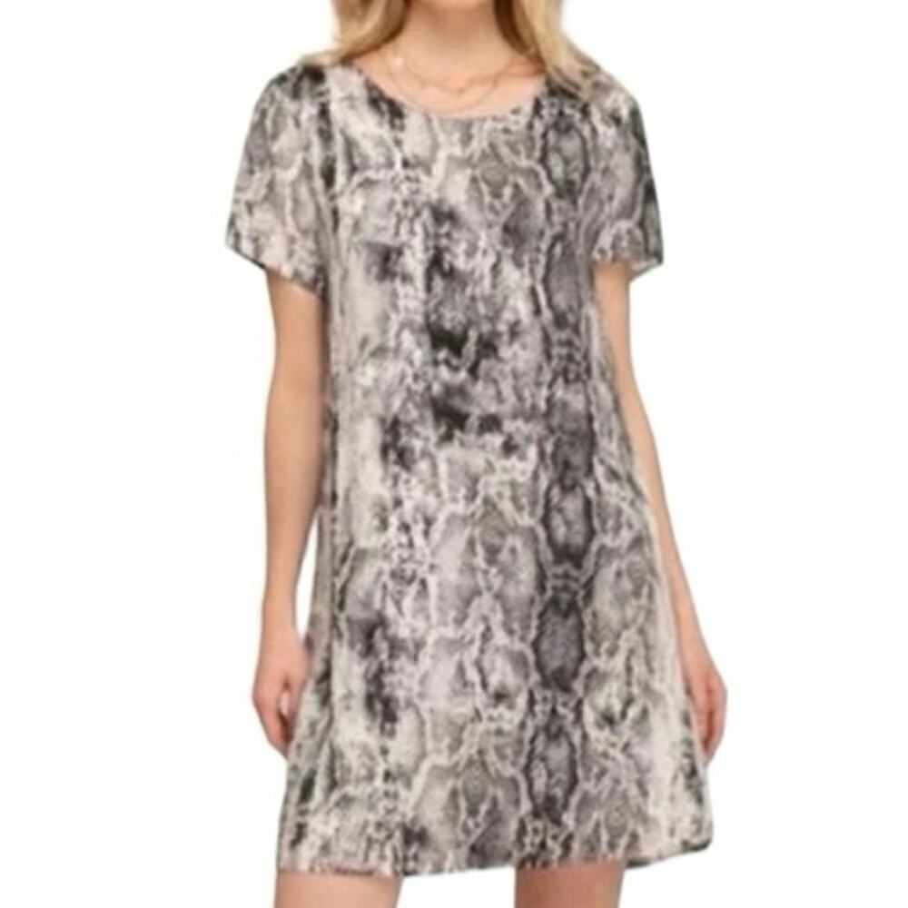 She + Sky Snakeskin Print Lined Short Sleeve Mini Shift Dress Size L Gray White